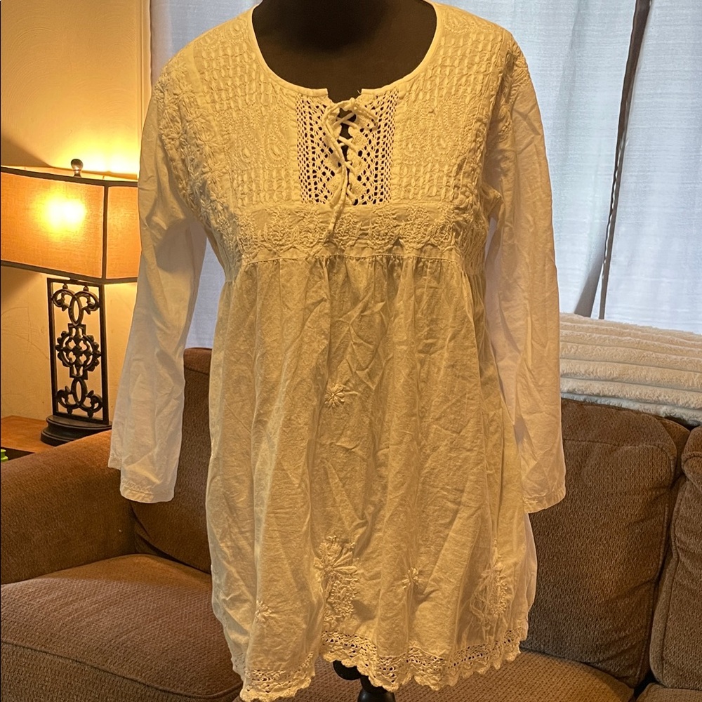Moda Kamir White Lace-Up Crocheted 3/4 Sleeved Women's Boho  Blouse